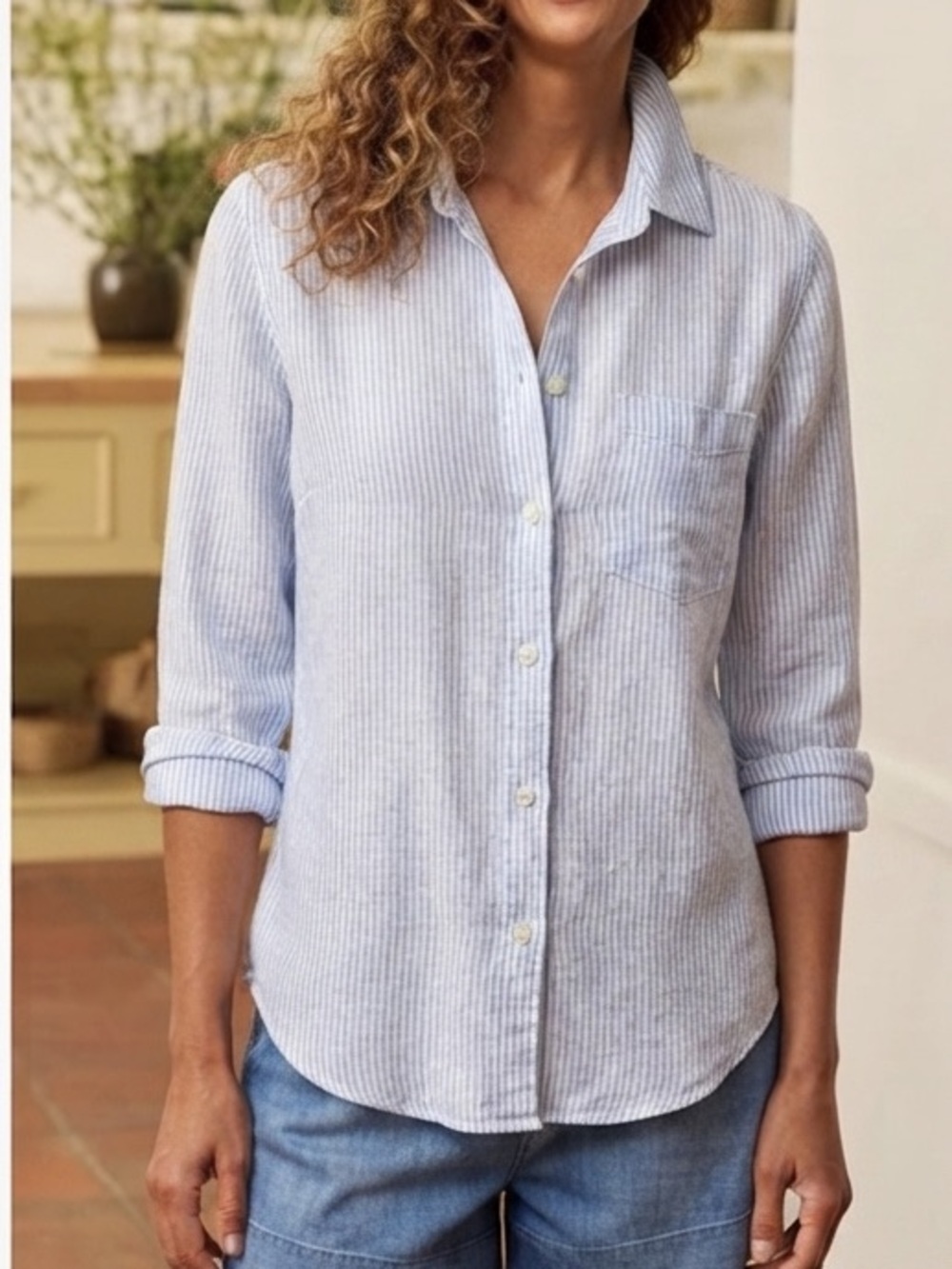 Frank & Eileen Eileen Blue Striped Italian Classic Linen Button-Up Shirt Size XS